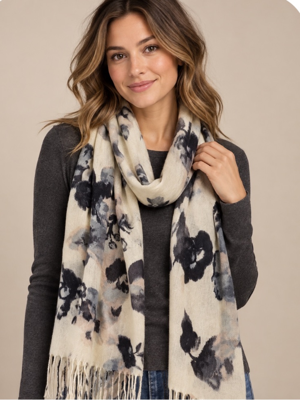 H&M Cream Scarf with Black and Gray Floral Pattern
